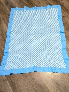 Blue and White Satin Edge Baby Blanket. Vintage. Waffle Weave. 46x36 Inches. GUC